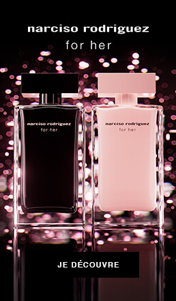 Bannière publicitaire pour Narciso Rodriguez avec image du produit et bouton Acheter maintenant