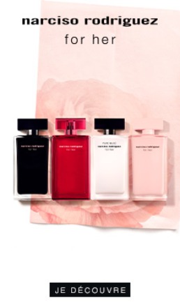 Bannière publicitaire pour Narciso Rodriguez avec image du produit et bouton Acheter maintenant