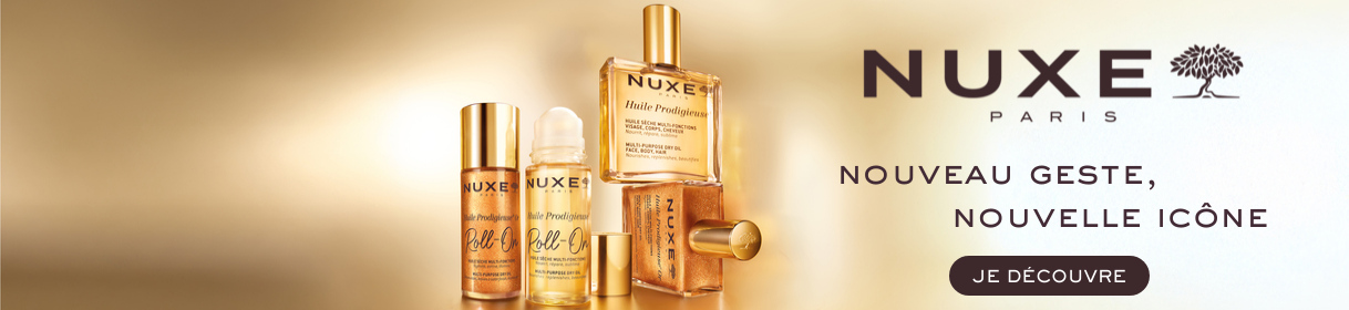 Bannière publicitaire pour Nuxe avec image du produit et bouton Acheter maintenant
