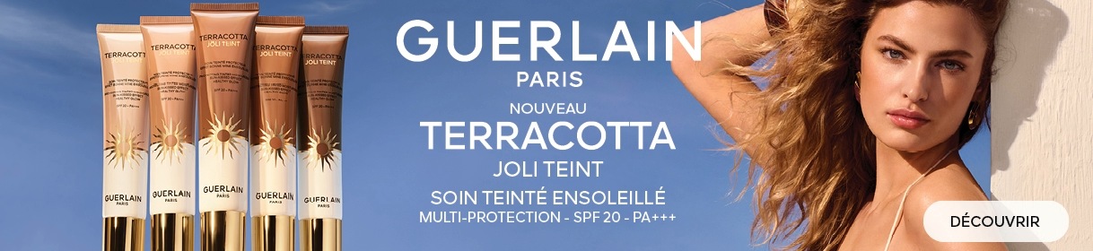Banni&egrave;re publicitaire pour guerlain avec image du produit et bouton Acheter maintenant