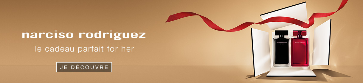 Bannière publicitaire pour Narciso Rodriguez avec image du produit et bouton Acheter maintenant