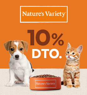 Banner con promoción del 10% Nature's Variety con perro y gato. Botón Ver oferta