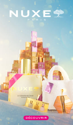 Bannière publicitaire pour Nuxe avec image du produit et bouton Acheter maintenant
