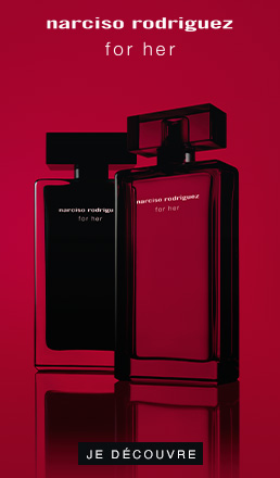 Bannière publicitaire pour Narciso Rodriguez avec image du produit et bouton Acheter maintenant