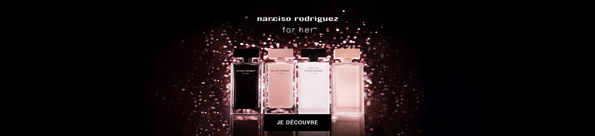 Bannière publicitaire pour Narciso Rodriguez avec image du produit et bouton Acheter maintenant