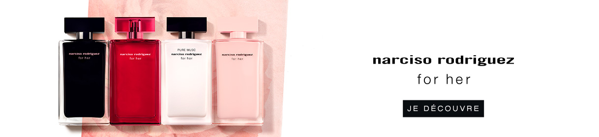 Bannière publicitaire pour Narciso Rodriguez avec image du produit et bouton Acheter maintenant
