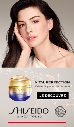 Bannière publicitaire pour Shiseido avec image du produit et bouton Acheter maintenant