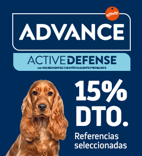 Banner con promoción del 15% de pienso Advance perro y botón Ver Oferta