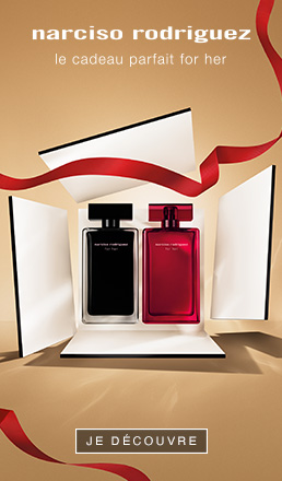 Bannière publicitaire pour Narciso Rodriguez avec image du produit et bouton Acheter maintenant