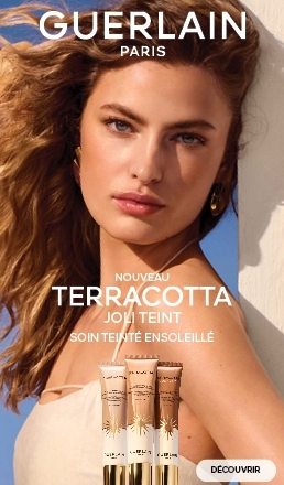 Banni&egrave;re publicitaire pour guerlain avec image du produit et bouton Acheter maintenant