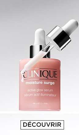 Bannière publicitaire pour Clinique avec image du produit et bouton Acheter maintenant