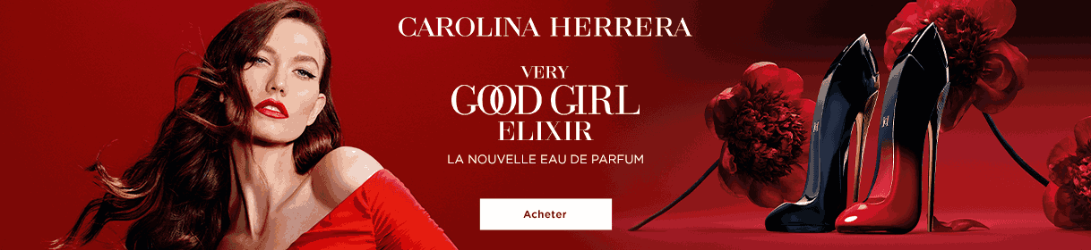 Bannière publicitaire pour Carolina Herrera avec image du produit et bouton Acheter maintenant