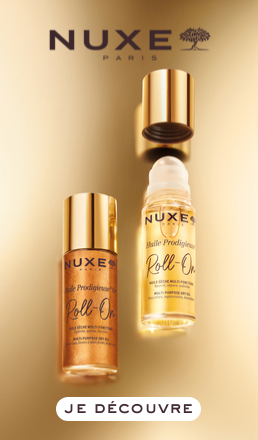 Bannière publicitaire pour Nuxe avec image du produit et bouton Acheter maintenant