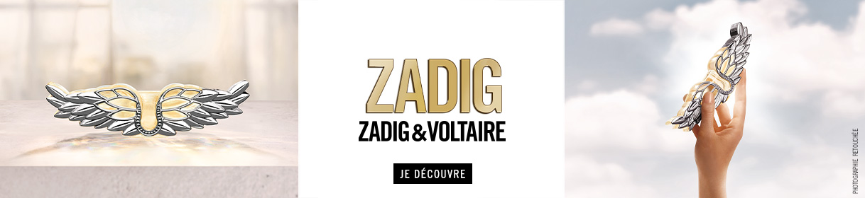 Bannière publicitaire pour Zadig & Voltaire avec image du produit et bouton Acheter maintenant