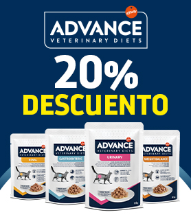 Banner Advance Veterinary Diets con promoción 20% descuento en comida húmeda. Bodegón de productos y botón Ver oferta.