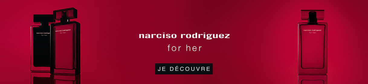 Bannière publicitaire pour Narciso Rodriguez avec image du produit et bouton Acheter maintenant