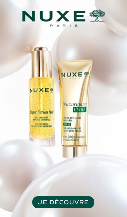 Banni&egrave;re publicitaire pour NUXE avec image du produit et bouton Acheter maintenant