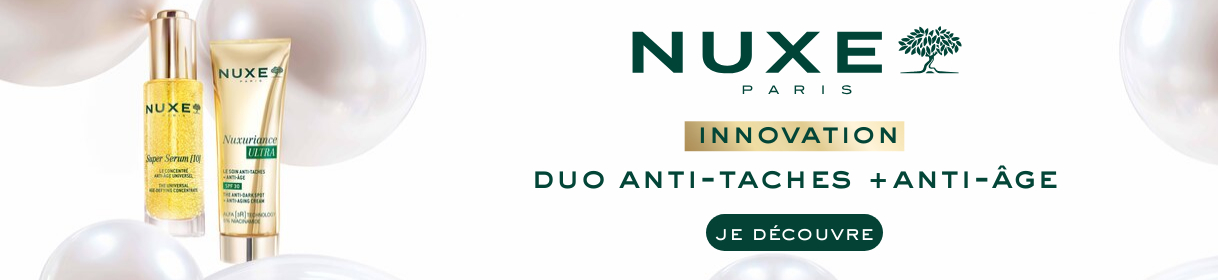 Banni&egrave;re publicitaire pour NUXE avec image du produit et bouton Acheter maintenant