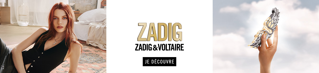 Bannière publicitaire pour Zadig & Voltaire avec image du produit et bouton Acheter maintenant